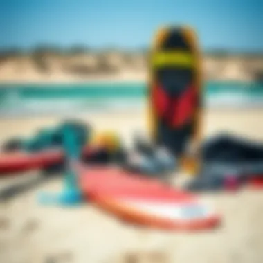 Essential Kite Surf Equipment A selection of essential kite surfing gear laid out on the beach