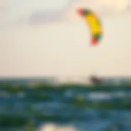 A vibrant kite soaring above the waves during a kite surfing session