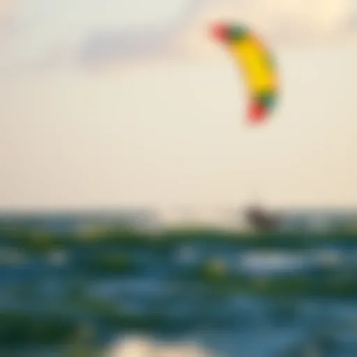 A vibrant kite soaring above the waves during a kite surfing session