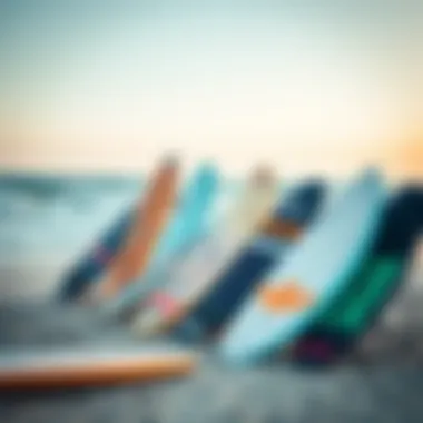Kitesurf surfboards displayed on a beach