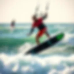 Dynamic kitesurf surfboard navigating waves