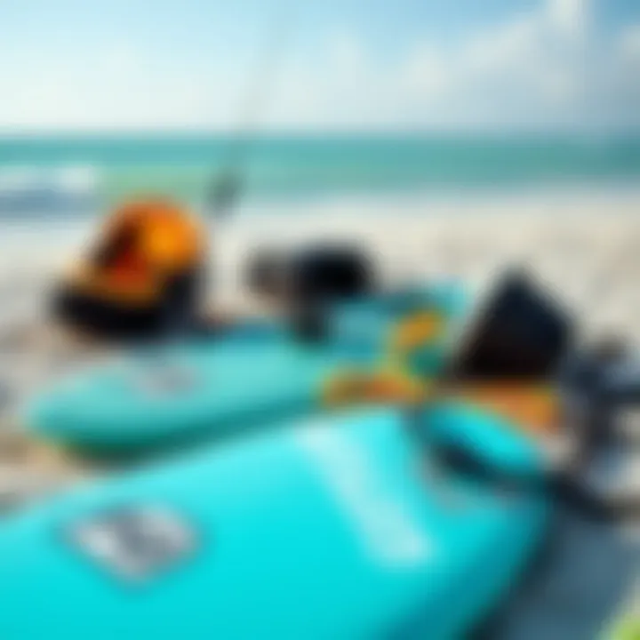 Kiteboarding equipment laid out on the beach