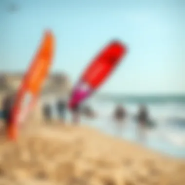 The Vibrant Kitesurfing Community in Algarve A group of kitesurfers enjoying the vibrant atmosphere of an Algarve beach