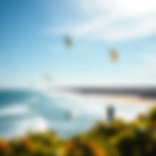 A panoramic view of the Algarve coastline with kitesurfers in action
