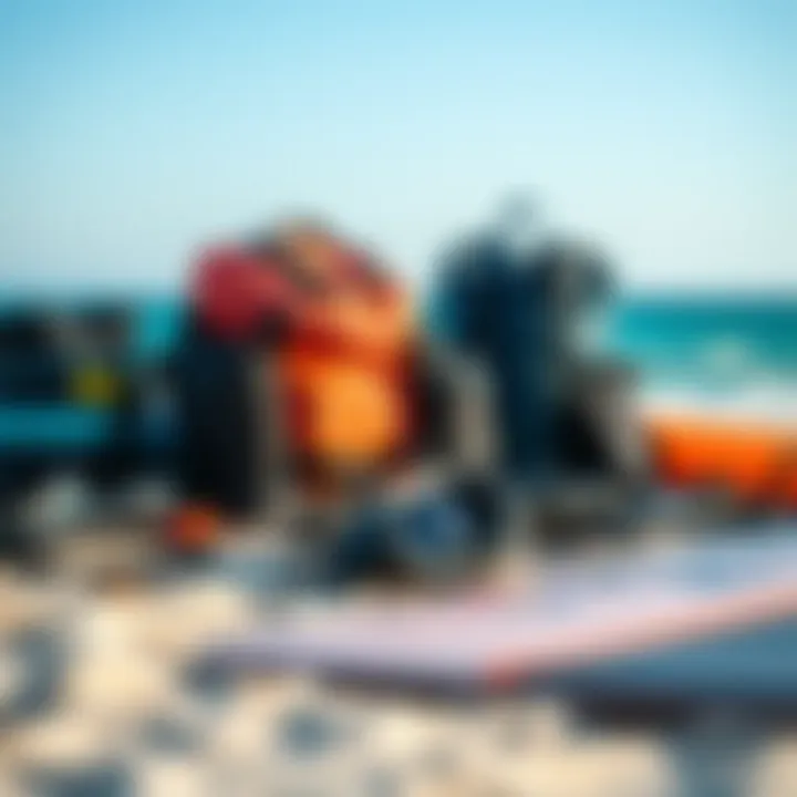 Kitesurfing equipment laid out on the beach, highlighting essential gear