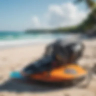 Close-up of kitesurfing equipment set against a beach backdrop