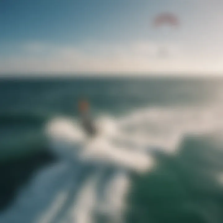 An aerial view showcasing kitesurfers riding the waves