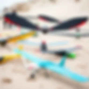 An array of diverse kitewing models displayed on a beach, highlighting design variations
