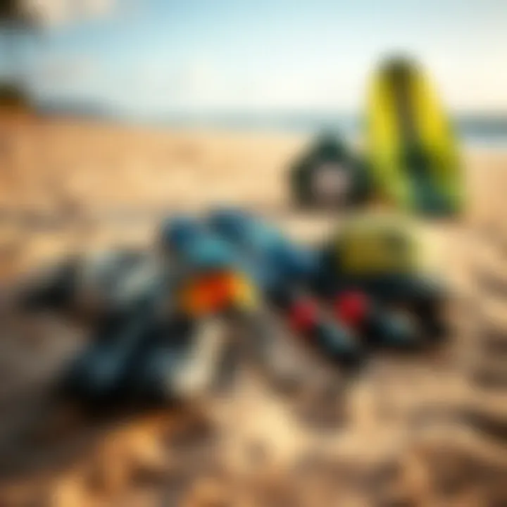 Kiteboarding gear laid out on the sandy beach