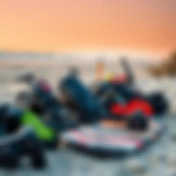 Essential Gear for Kitesurfing An array of specialized kitesurfing equipment displayed on a sandy beach, showcasing the essentials