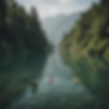 An aerial view of a group practicing paddle board yoga on a tranquil lake