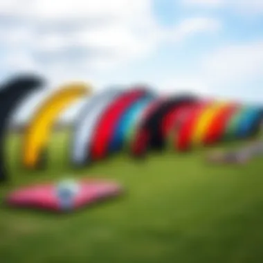 Diverse Parafoil Kites on Display An array of parafoil kites displayed on a grassy field, demonstrating their variety
