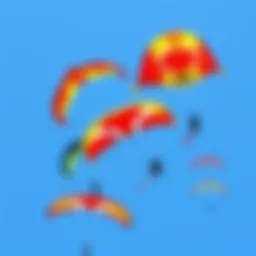 A colorful display of various parafoil kites in flight against a clear blue sky