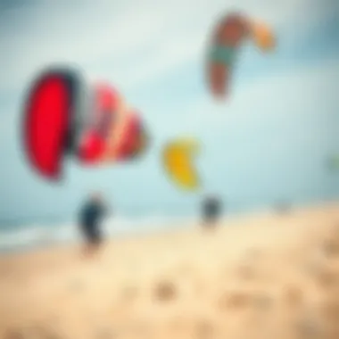 Enthusiasts Flying Parafoil Kites at the Beach A scenic view of enthusiasts enjoying their parafoil kites at a beach
