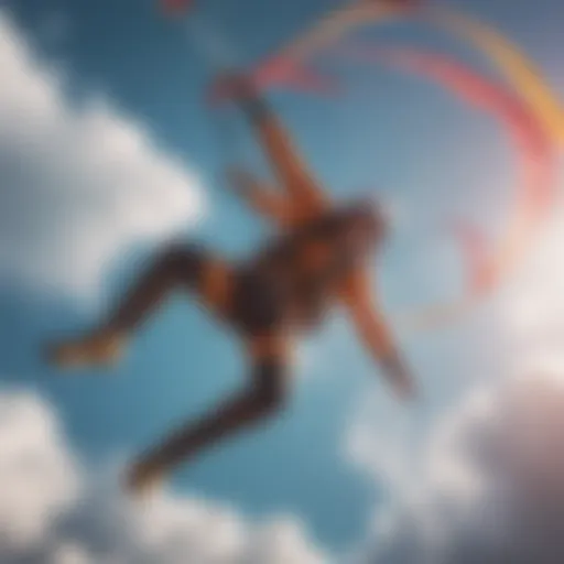 A sky surfer gliding through vibrant skies with a colorful parachute.