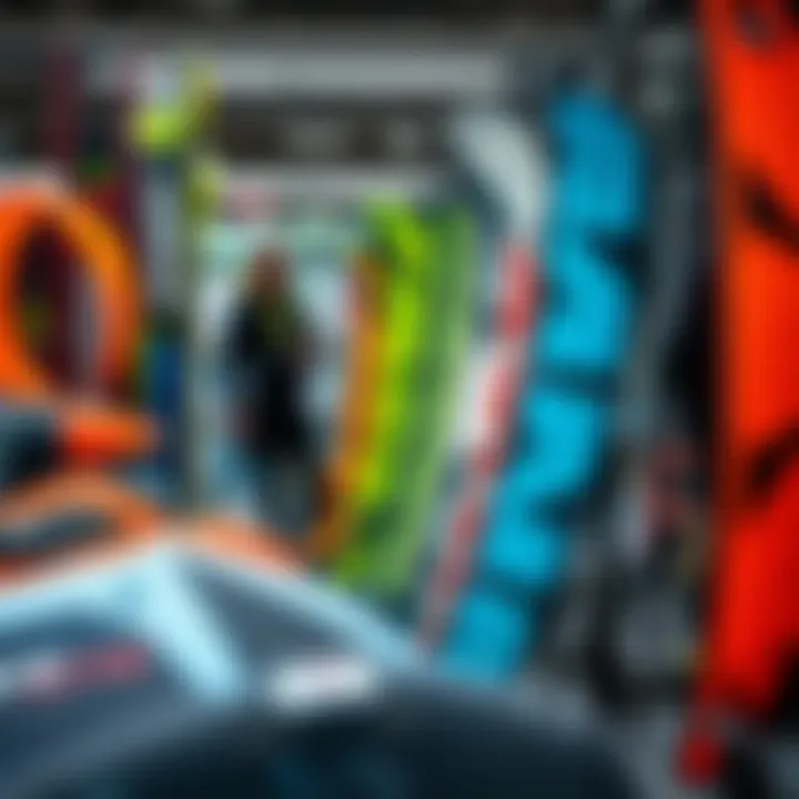 An array of snow kites displayed in a retail setting, highlighting various designs and sizes