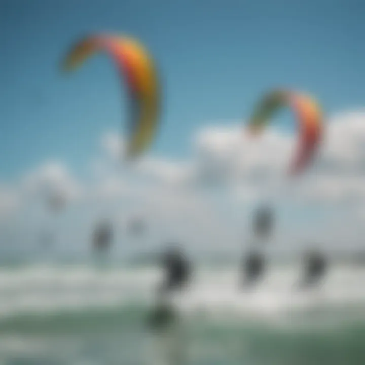 A group of kiteboarders enjoying the water with their big kites