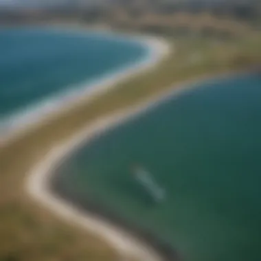 An aerial view of Bodega Bay, illustrating the expansive coastline and ideal kiteboarding conditions.