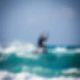 A kiteboarder executing the phantom s technique over a vibrant ocean wave.