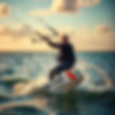 Kitesurfer in action wearing a Dakine harness against a vibrant ocean backdrop