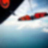 A dynamic view of a Slingshot kite soaring in the sky