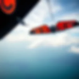 A dynamic view of a Slingshot kite soaring in the sky