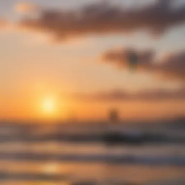 A serene sunset view of kiteboarders practicing foiling techniques.