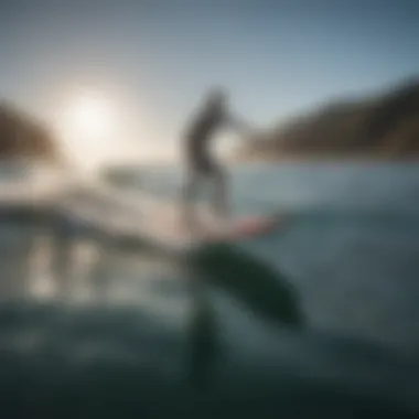 A hydrofoil surfboard gliding above the water's surface