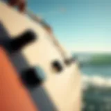 A close-up view of a kite surfboard showcasing its unique design features.