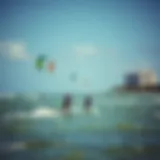 A scenic view of kite surfers in action against the backdrop of Miami's coastline