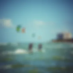 A scenic view of kite surfers in action against the backdrop of Miami's coastline