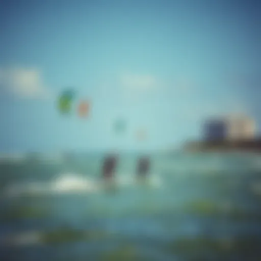 A scenic view of kite surfers in action against the backdrop of Miami's coastline