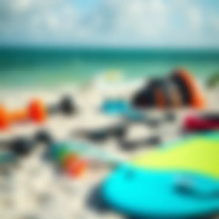 Kite Surfing Gear Essentials Essential kite surfing equipment laid out on a sandy beach