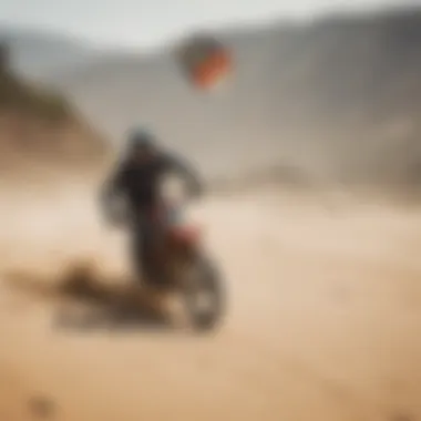 A rider expertly maneuvering across a sandy terrain during a land kite surfing session