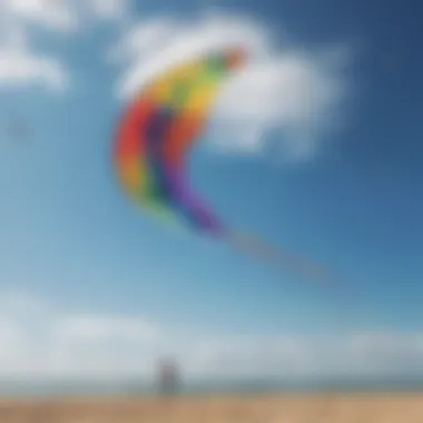 A dynamic land kite surfing scene showcasing vibrant kites soaring against a blue sky