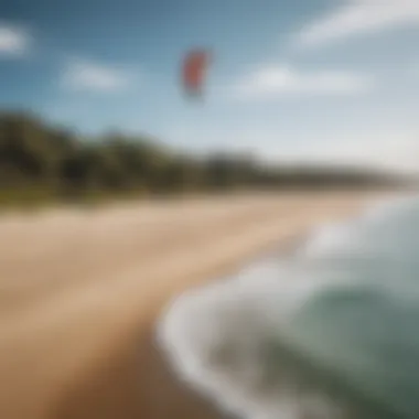 Landscape image of a beach with kiteboarders, emphasizing the environmental beauty and impact.