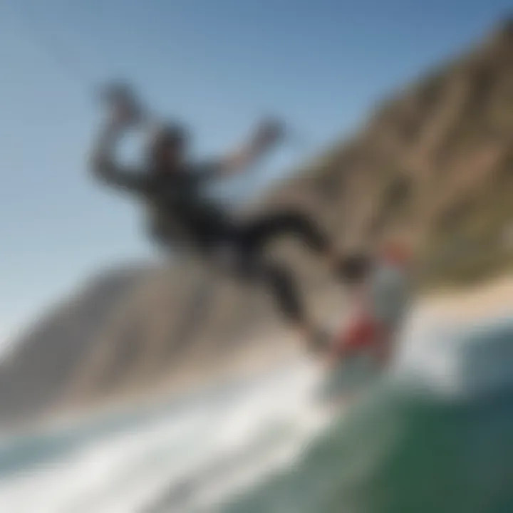 Kiteboarder mastering the strike ride technique against a scenic backdrop