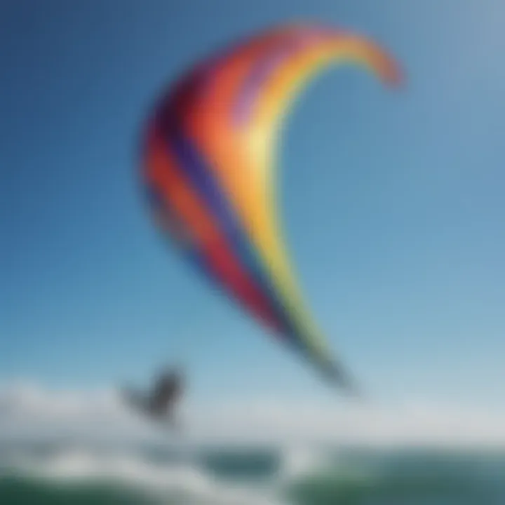 A vibrant wing kite soaring against a clear blue sky