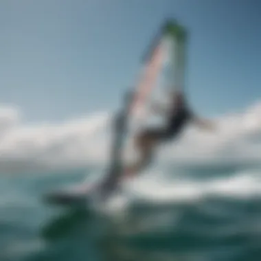 A hydrofoil windsurfer gliding above the water