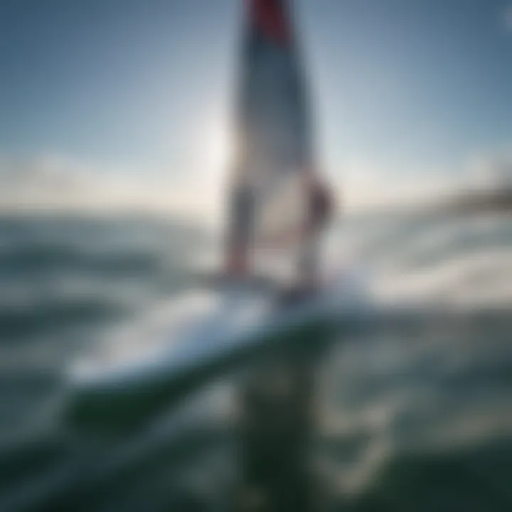 Close-up of hydrofoil technology on a windsurfer