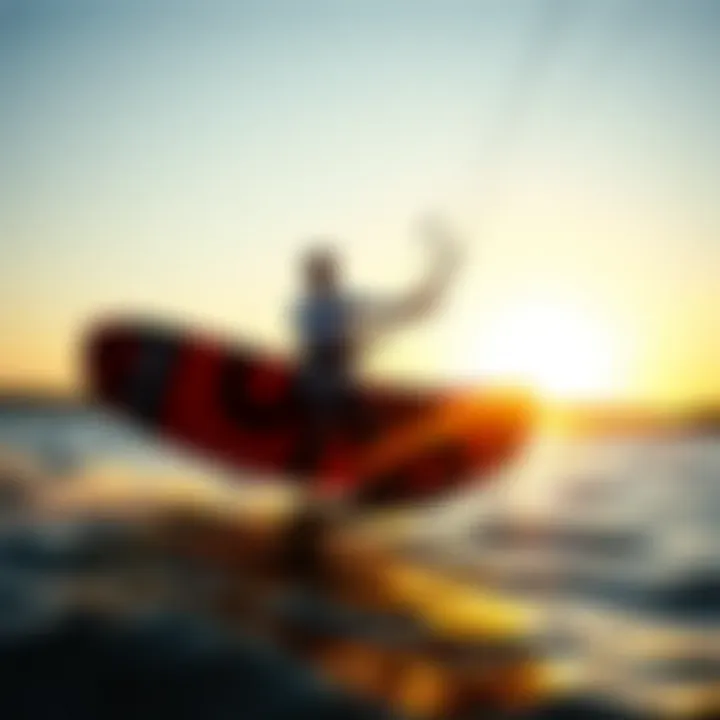 Kiteboarding enthusiast using an inflatable efoil during a sunset
