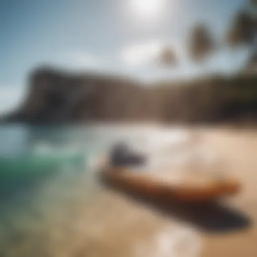 An inflatable hydrofoil board on a pristine beach