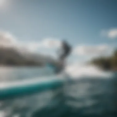 A rider gliding over water with an inflatable hydrofoil board