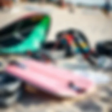 An array of kiteboarding gear displayed on a sandy beach, showcasing the essential equipment