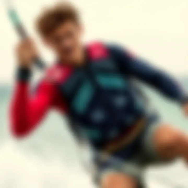 Kiteboarder in Action with Kite Vest A kiteboarder wearing a kite vest in action, demonstrating its functionality and fit.