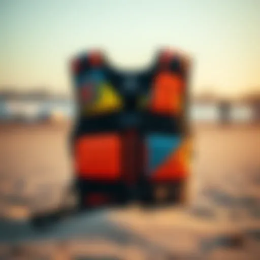 A kite vest displayed on a beach setting, showcasing its vibrant design and features.