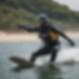 Kiteboarder wearing a drysuit in action on the water