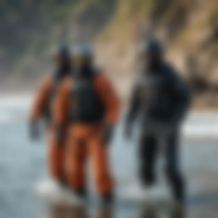 Various types of drysuits displayed together