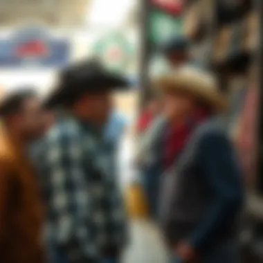 Interaction at a Reputable Rodeo Gear Seller Trusted seller at a rodeo gear shop interacting with customers