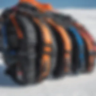 Various types of snowkite harnesses displayed side by side for comparison